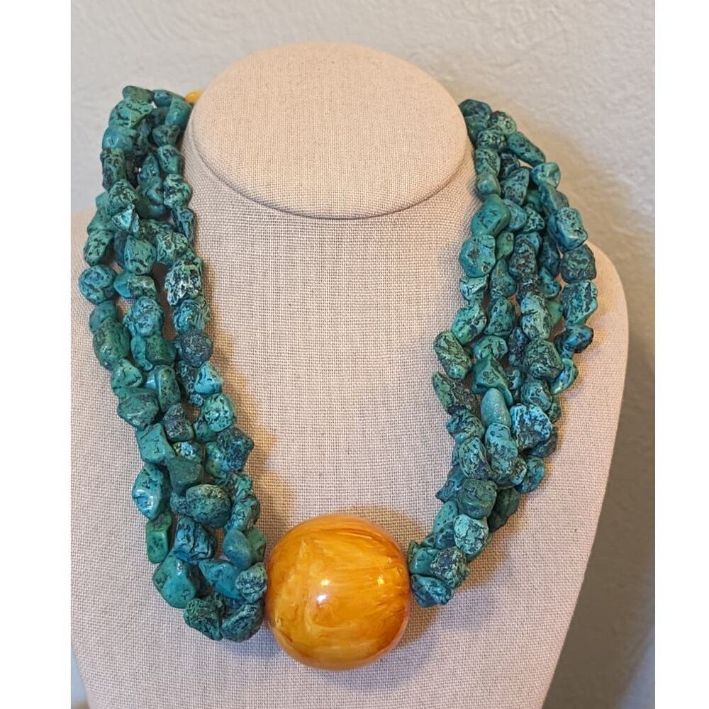 Blue Green Stone Five Strand Butterscotch Ball Bead Necklace W/ Hook Clasp
